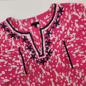 Talbots Womens Pink w/White Lobsters Blue Starfish Cotton 3/4 Sleeve Blouse M